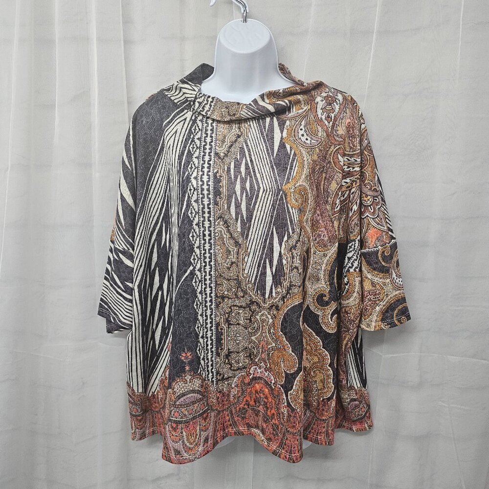 Chico's Blouse Boho Festival Mock Neck Grunge Black Mustard L+